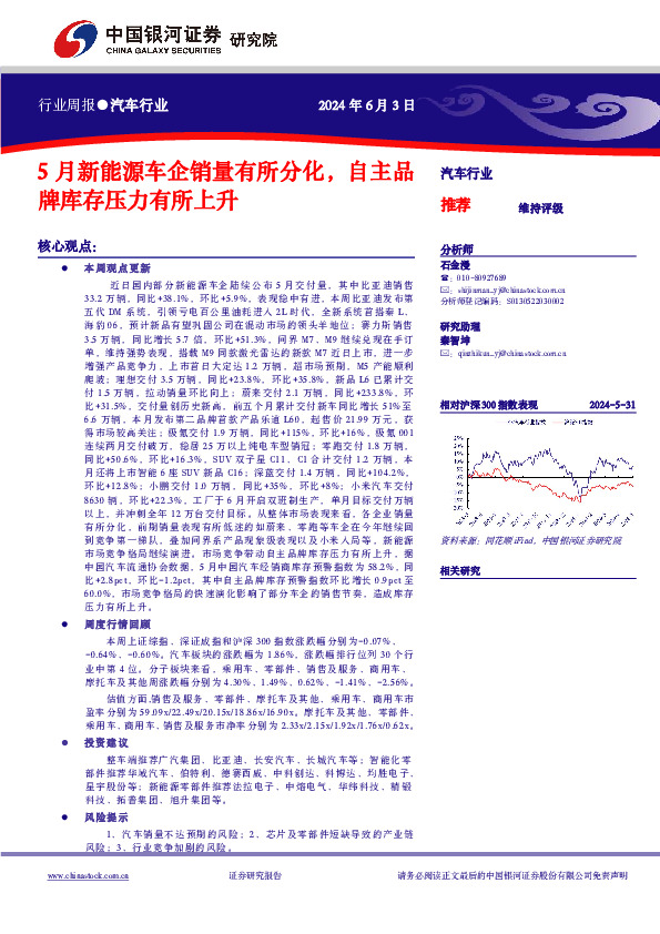 汽车行业行业周报：5月新能源车企销量有所分化，自主品牌库存压力有所上升