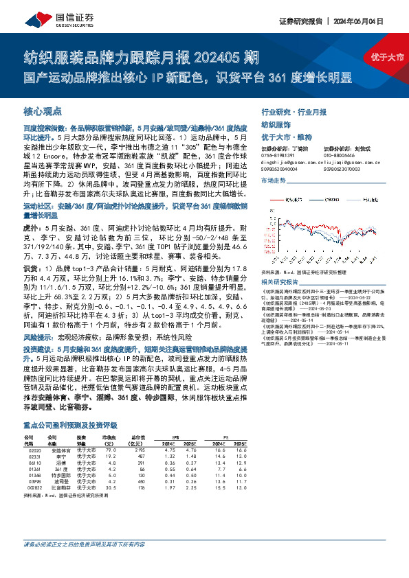 纺织服装品牌力跟踪月报202405期：国产运动品牌推出核心IP新配色，识货平台361度增长明显