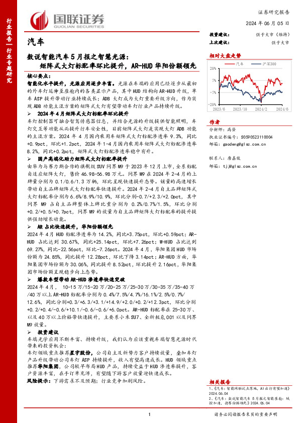 数说智能汽车5月报之智慧光源：矩阵式大灯标配率环比提升，AR-HUD华阳份额领先