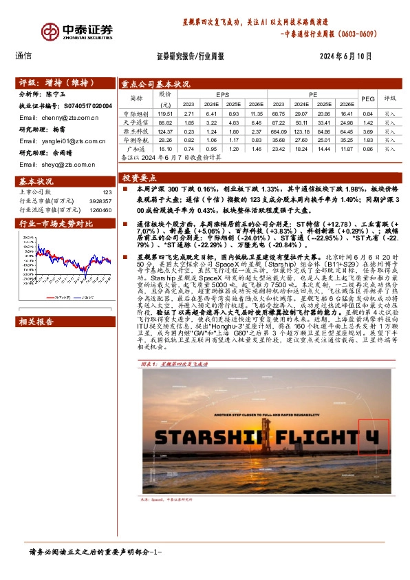 通信行业周报：星舰第四次复飞成功，关注AI以太网技术路线演进