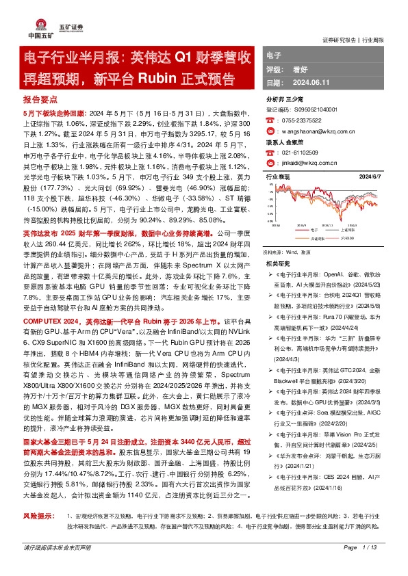 电子行业半月报：英伟达Q1财季营收再超预期，新平台Rubin正式预告