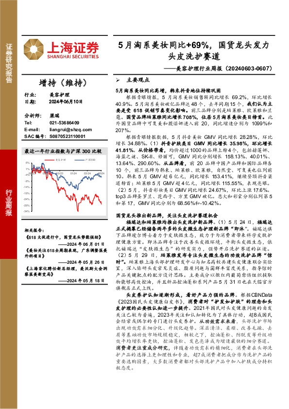美容护理行业周报：5月淘系美妆同比+69%，国货龙头发力头皮洗护赛道