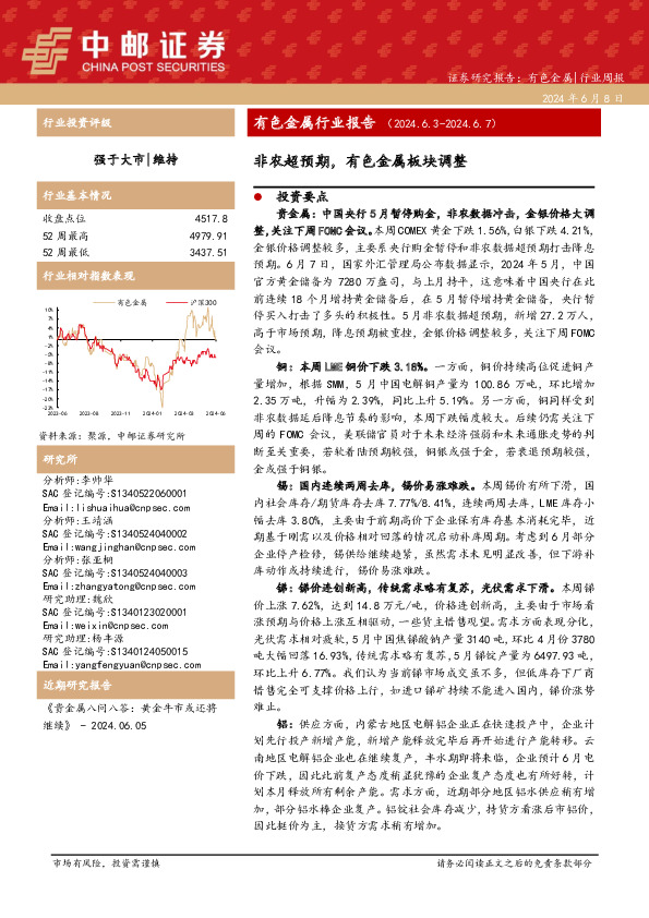 有色金属行业周报：有色金属行业报告非农超预期，有色金属板块调整