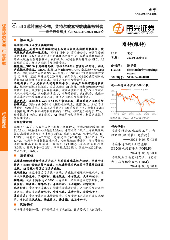 电子行业周报：Gaudi 3芯片售价公布，英特尔或重视玻璃基板封装
