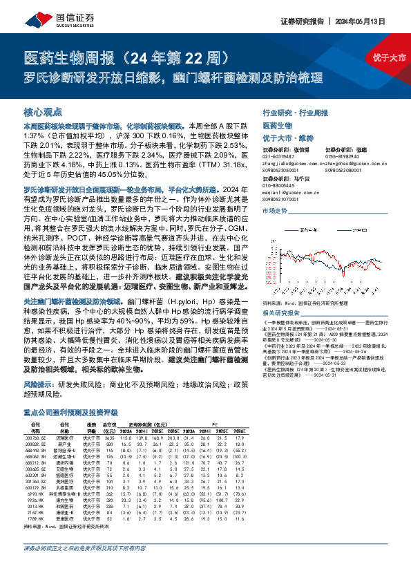 医药生物周报（24年第22周）：罗氏诊断研发开放日缩影，幽门螺杆菌检测及防治梳理