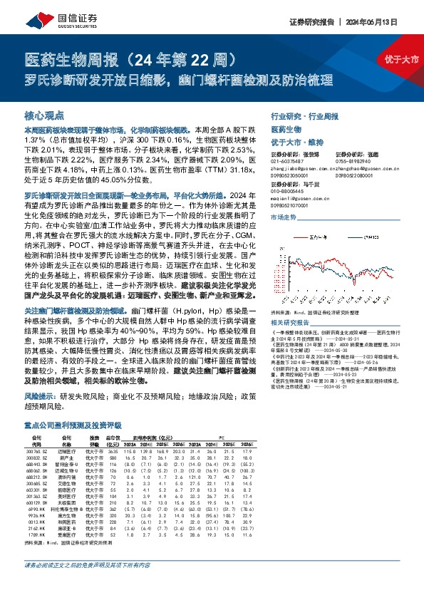 医药生物周报（24年第22周）：罗氏诊断研发开放日缩影，幽门螺杆菌检测及防治梳理