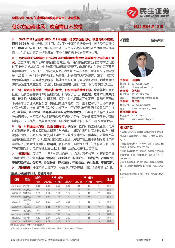 金属行业2024年中期策略系列报告之工业金属篇：任尔东西南北风，咬定青山不放松