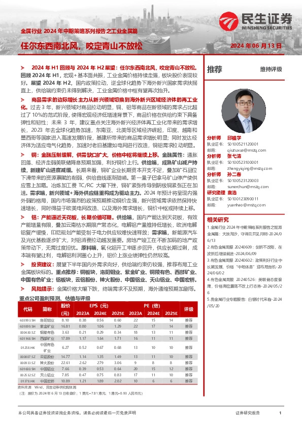 金属行业2024年中期策略系列报告之工业金属篇：任尔东西南北风，咬定青山不放松