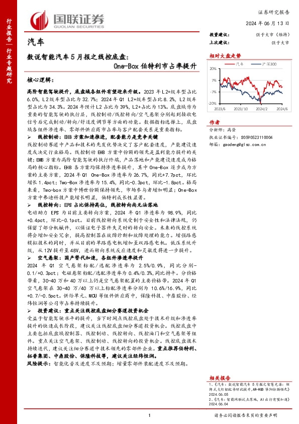 数说智能汽车5月报之线控底盘：One-Box伯特利市占率提升