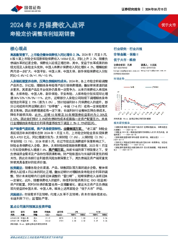 2024年5月保费收入点评：寿险定价调整有利短期销售