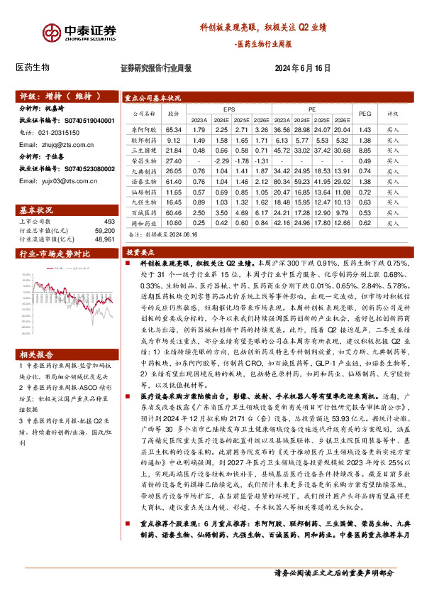 医药生物行业周报：科创板表现亮眼，积极关注Q2业绩
