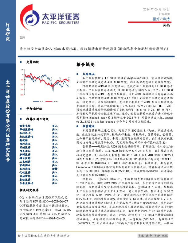 医药行业周报：美生物安全法案加入NDAA未获批准，板块情绪出现快速恢复（附局限期小细胞肺癌专题研究）