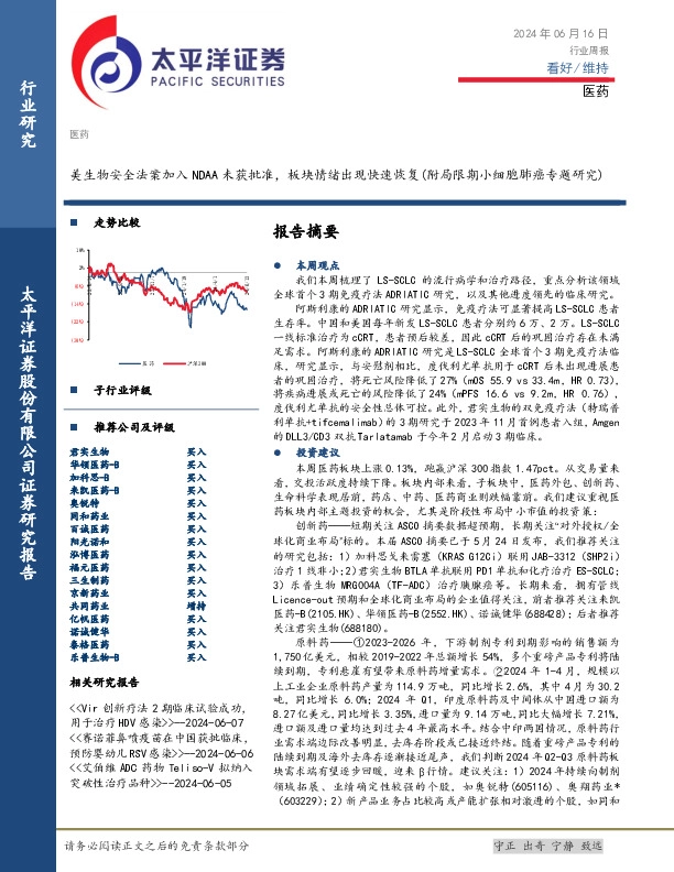 医药行业周报：美生物安全法案加入NDAA未获批准，板块情绪出现快速恢复（附局限期小细胞肺癌专题研究）