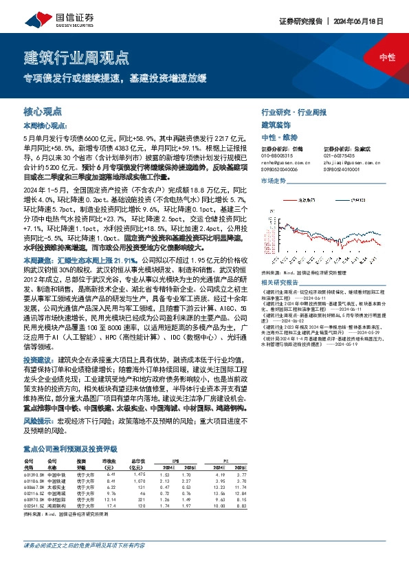 建筑行业周观点：专项债发行或继续提速，基建投资增速放缓