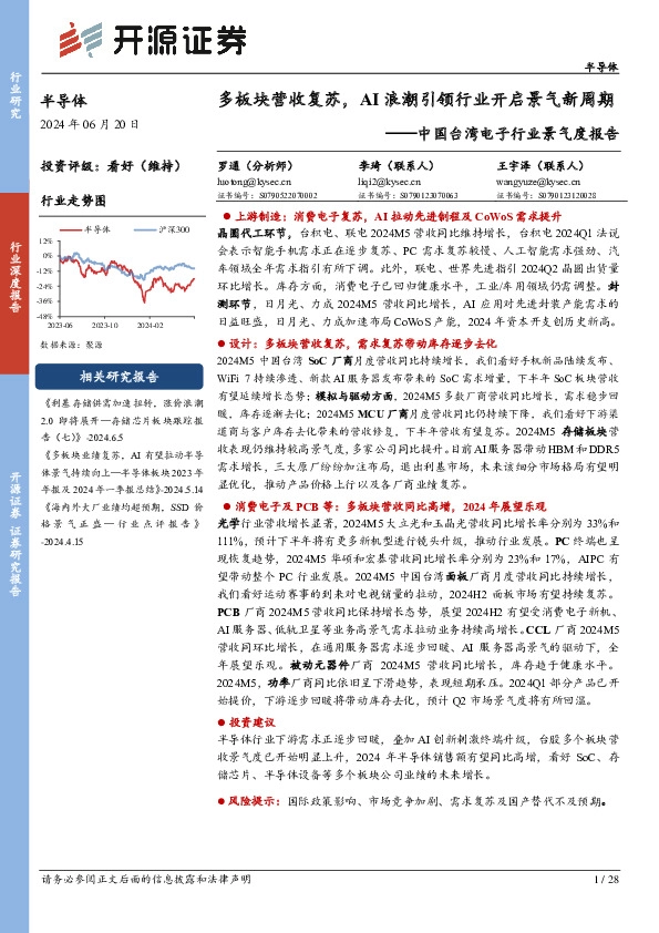 中国台湾电子行业景气度报告：多板块营收复苏，AI浪潮引领行业开启景气新周期