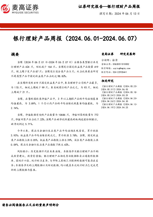 银行业理财产品周报