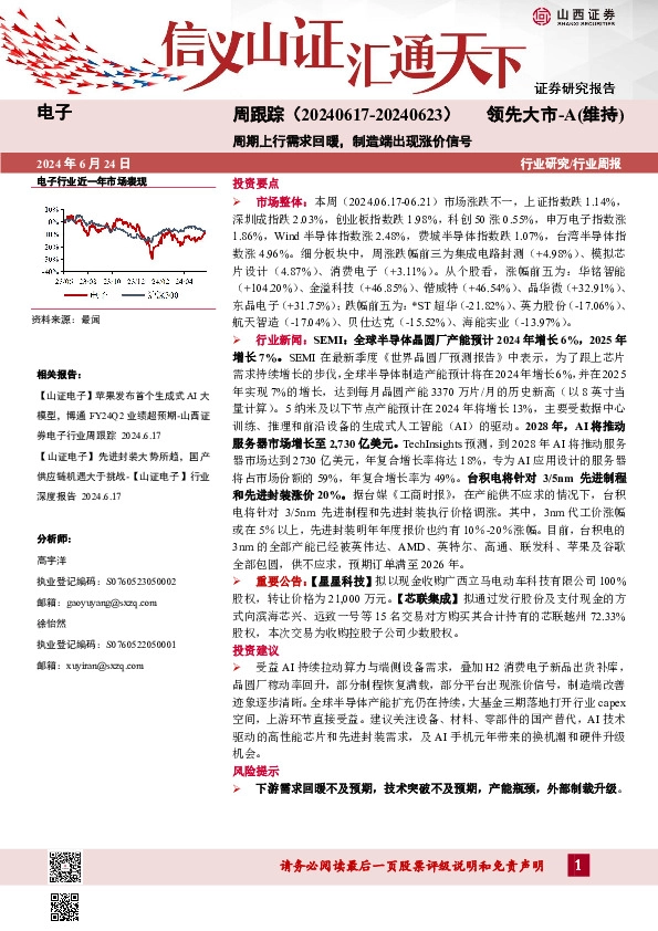 电子周跟踪：周期上行需求回暖，制造端出现涨价信号