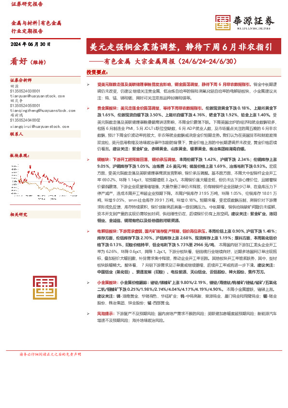 有色金属大宗金属周报：美元走强铜金震荡调整，静待下周6月非农指引