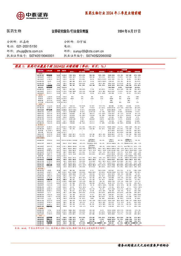 医药生物行业2024年二季度业绩前瞻