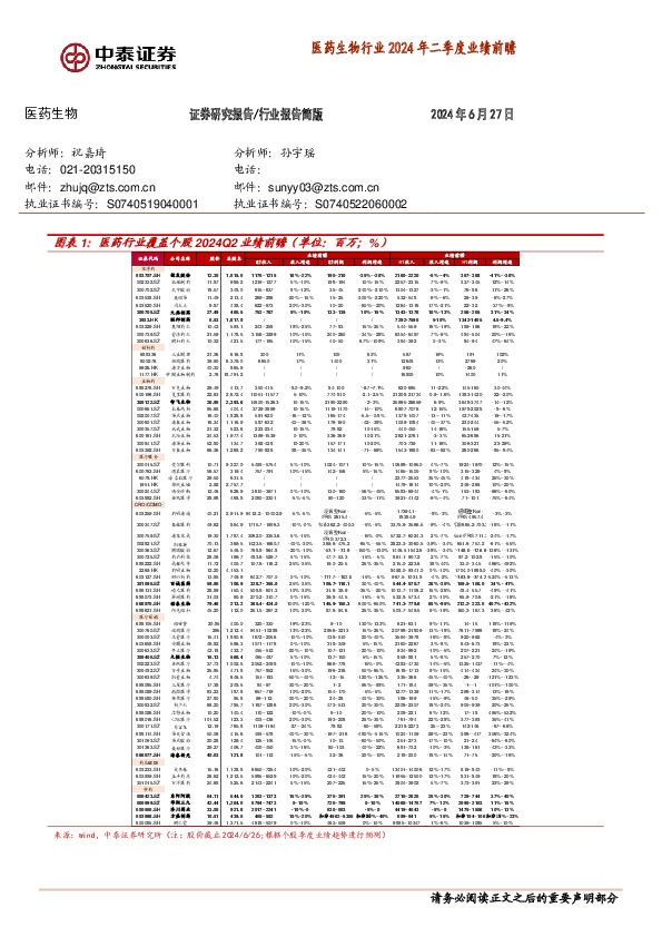 医药生物行业2024年二季度业绩前瞻