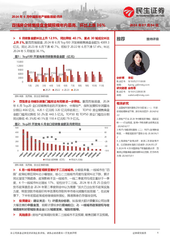 2024年6月中国房地产销售数据点评：百强房企销售操盘金额规模年内最高，环比上涨36%