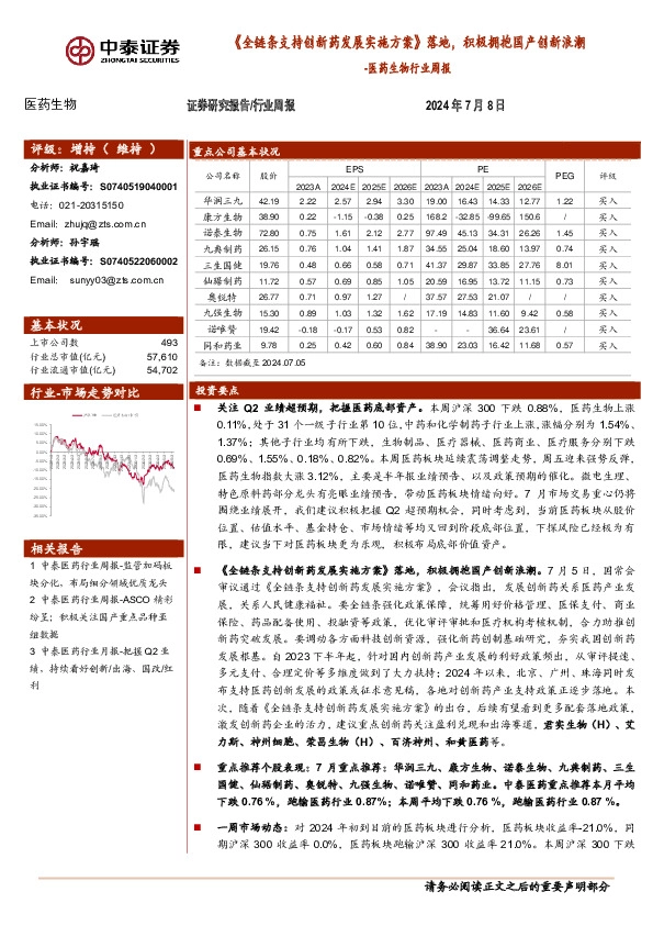 医药生物行业周报：《全链条支持创新药发展实施方案》落地，积极拥抱国产创新浪潮