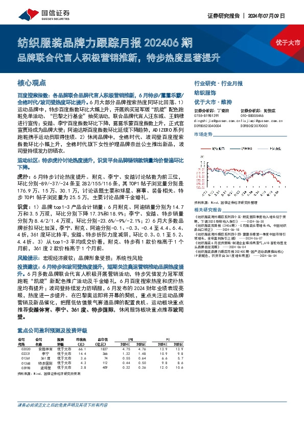 纺织服装品牌力跟踪月报202406期：品牌联合代言人积极营销推新，特步热度显著提升