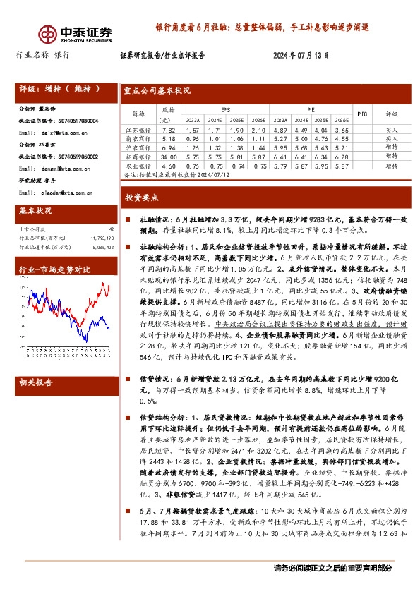 银行角度看6月社融：总量整体偏弱，手工补息影响逐步消退