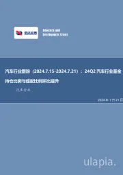 汽车行业跟踪：24Q2汽车行业基金持仓比例与超配比例环比提升