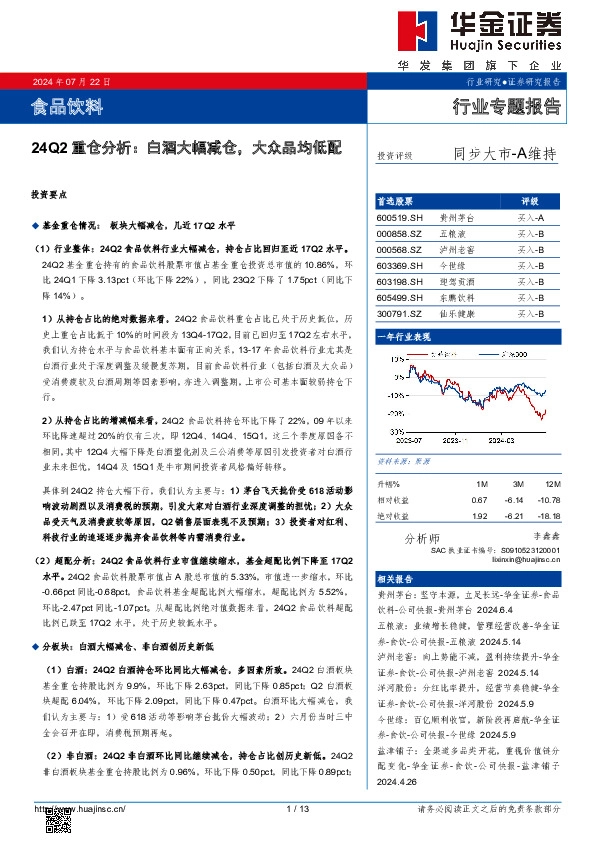 食品饮料24Q2重仓分析：白酒大幅减仓，大众品均低配