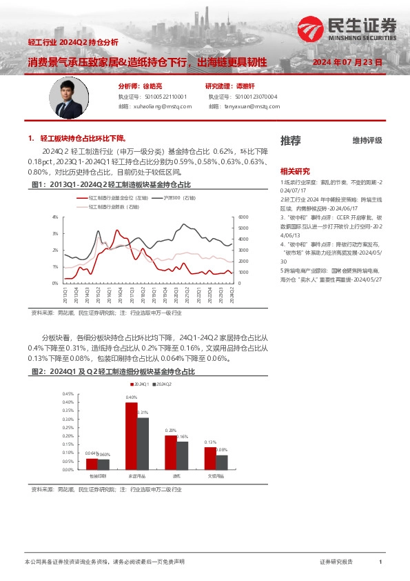 轻工行业2024Q2持仓分析：消费景气承压致家居&造纸持仓下行，出海链更具韧性