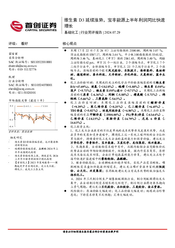 基础化工行业简评报告：维生素D3延续涨势，宝丰能源上半年利润同比快速增长
