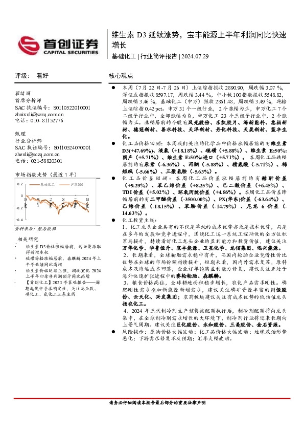 基础化工行业简评报告：维生素D3延续涨势，宝丰能源上半年利润同比快速增长
