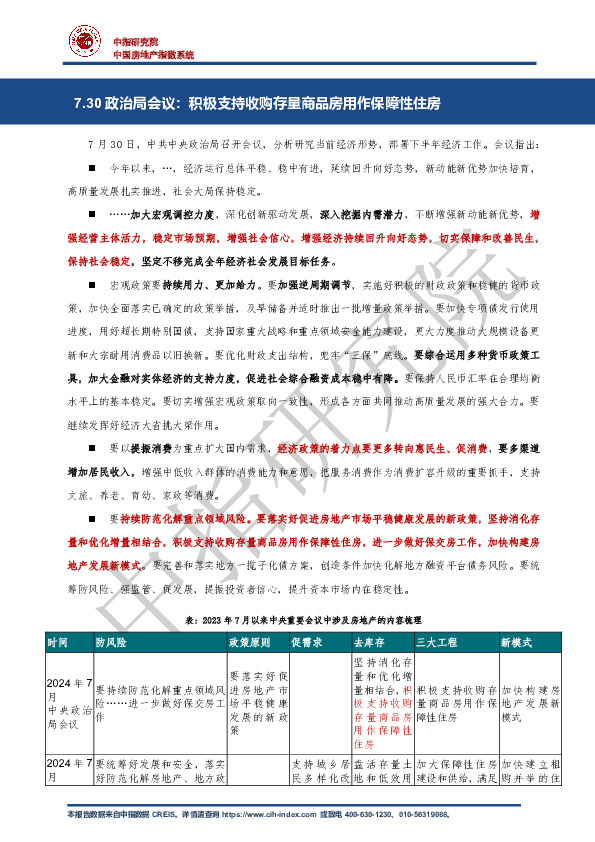 7.30政治局会议：积极支持收购存量商品房用作保障性住房
