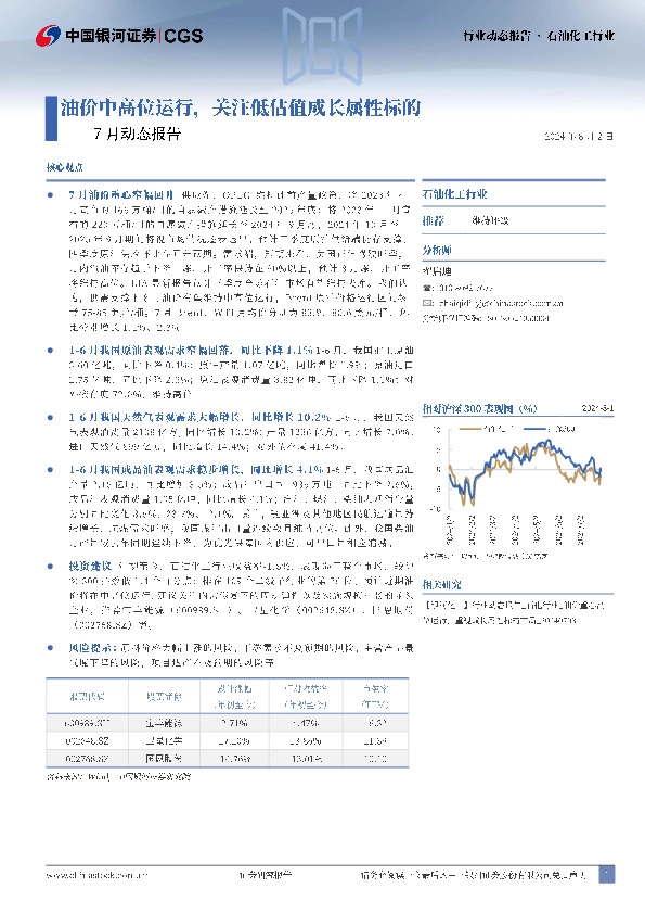 石油化工行业7月动态报告：油价中高位运行，关注低估值成长属性标的