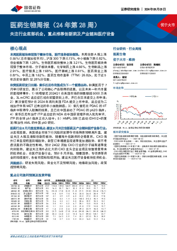 医药生物行业周报（24年第28周）：关注行业底部机会，重点推荐创新药及产业链和医疗设备