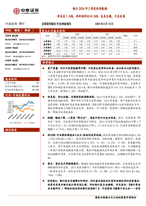 银行2024年2季度经营数据：净息差1.54%，净利润同比+0.36%；息差企稳，不良改善