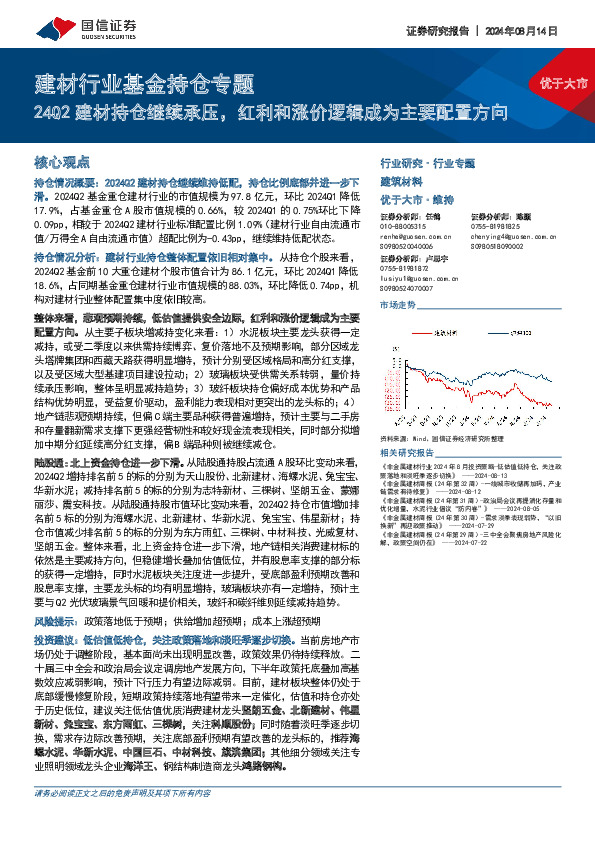 建材行业基金持仓专题：24Q2建材持仓继续承压，红利和涨价逻辑成为主要配置方向