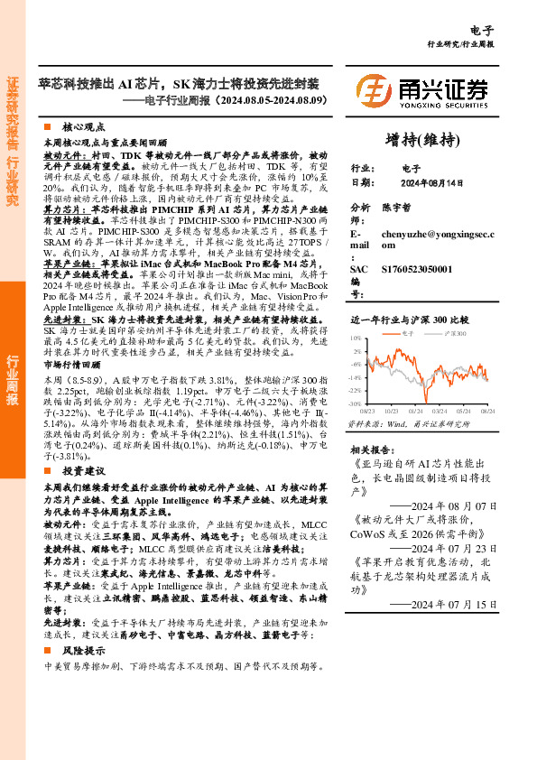 电子行业周报：苹芯科技推出AI芯片，SK海力士将投资先进封装