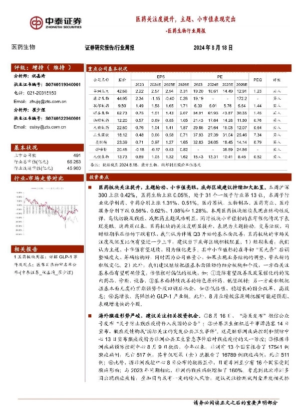 医药生物行业周报：医药关注度提升，主题、小市值表现突出
