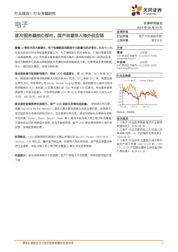 电子行业专题研究：液冷服务器核心部件，国产有望导入海外供应链