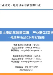 电动车行业2024年8月策略：国内本土电动车销量亮眼，产业链Q3需求改善