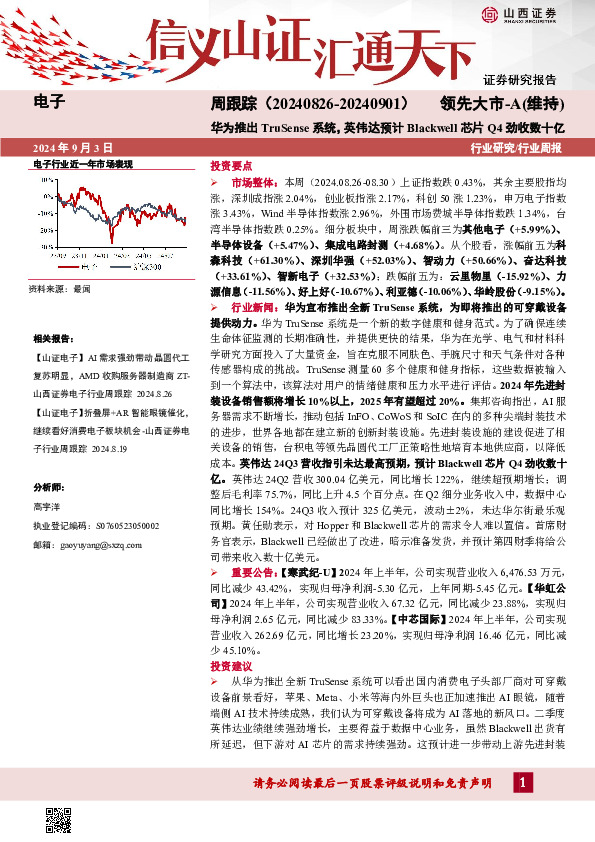 电子周跟踪：华为推出TruSense系统，英伟达预计Blackwell芯片Q4劲收数十亿