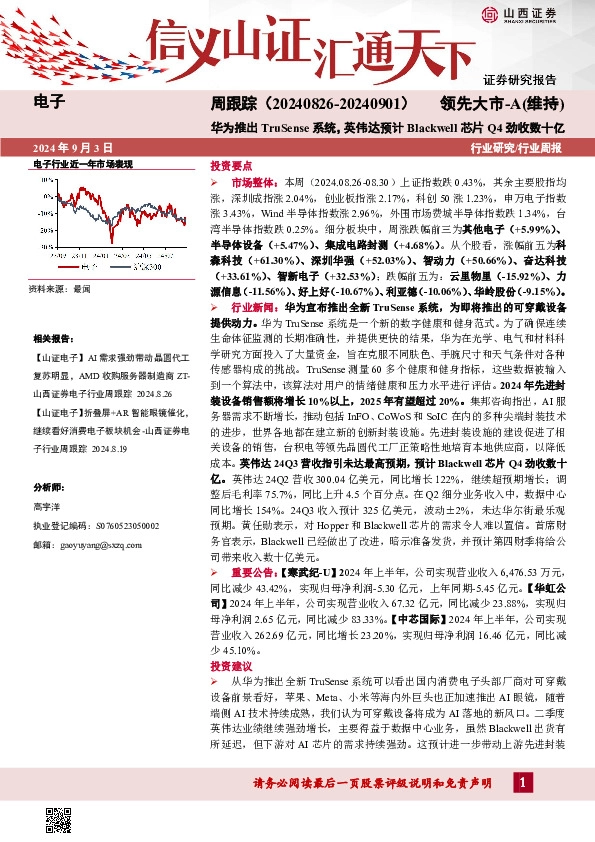 电子周跟踪：华为推出TruSense系统，英伟达预计Blackwell芯片Q4劲收数十亿