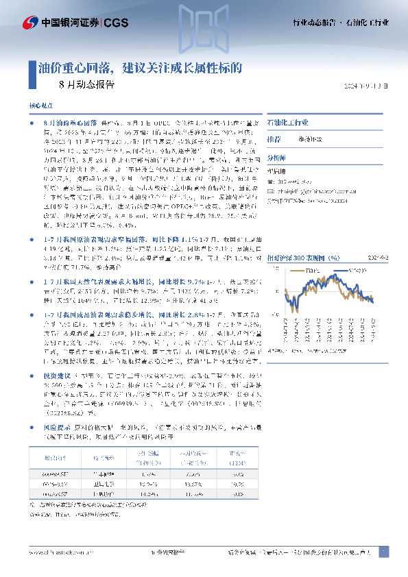 石油化工行业8月动态报告：油价重心回落，建议关注成长属性标的