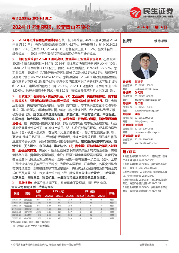 有色金属行业2024H1总结：2024H1盈利亮眼，咬定青山不放松