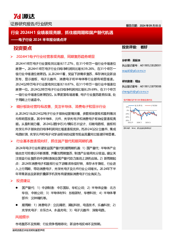 电子行业2024半年报业绩点评：行业2024H1业绩表现亮眼，抓住顺周期和国产替代机遇