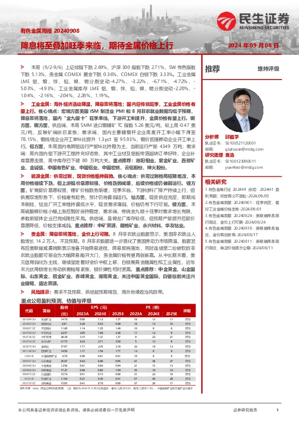 有色金属周报：降息将至叠加旺季来临，期待金属价格上行