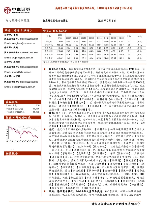 电力设备与新能源行业周报：英国第六轮可再生能源拍卖结果公布，5.4GW海风项目被授予Cfd合同