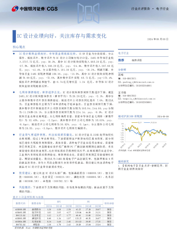 电子行业：IC设计业绩向好，关注库存与需求变化